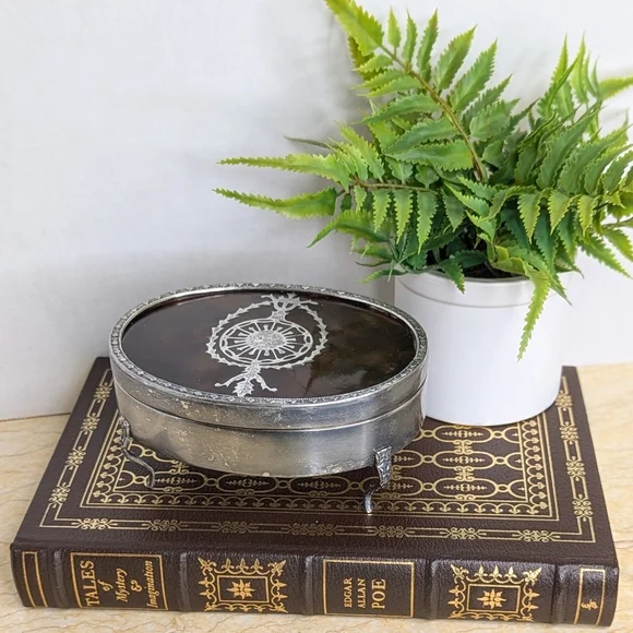 Vintage Tortoise Shell Pattern Silver Tone Metal Oval Jewelry Lidded Box - Picture 15 of 15